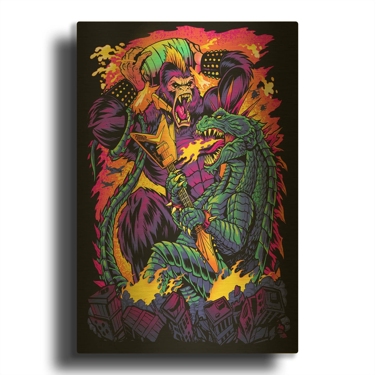 'Giant Ape Vs Giant Lizard' By Flyland Designs Gold Metal Wall Art