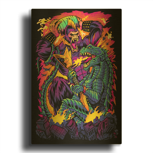 'Giant Ape Vs Giant Lizard' By Flyland Designs Gold Metal Wall Art