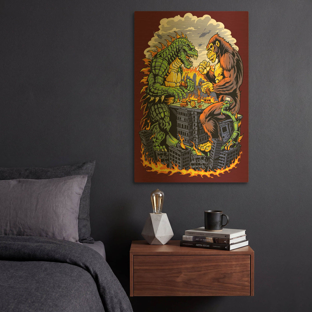 'Kaiju Monsters Playing Board Game On Destroyed City' By Flyland Designs Gold Metal Wall Art