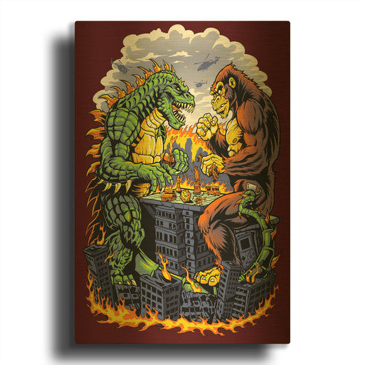 'Kaiju Monsters Playing Board Game On Destroyed City' By Flyland Designs Gold Metal Wall Art