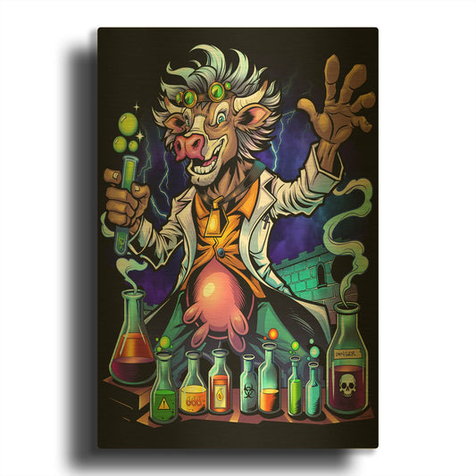 'Mad Scientist Cow' By Flyland Designs Gold Metal Wall Art