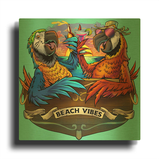 'Parrots Drinking At Sunset' By Flyland Designs Gold Metal Wall Art