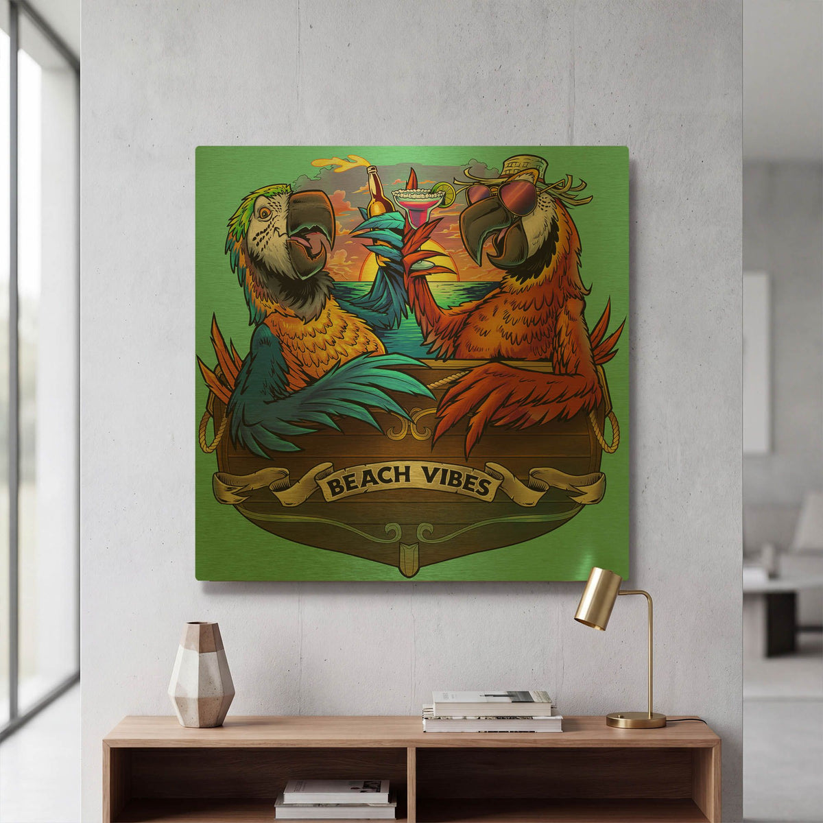 'Parrots Drinking At Sunset' By Flyland Designs Gold Metal Wall Art