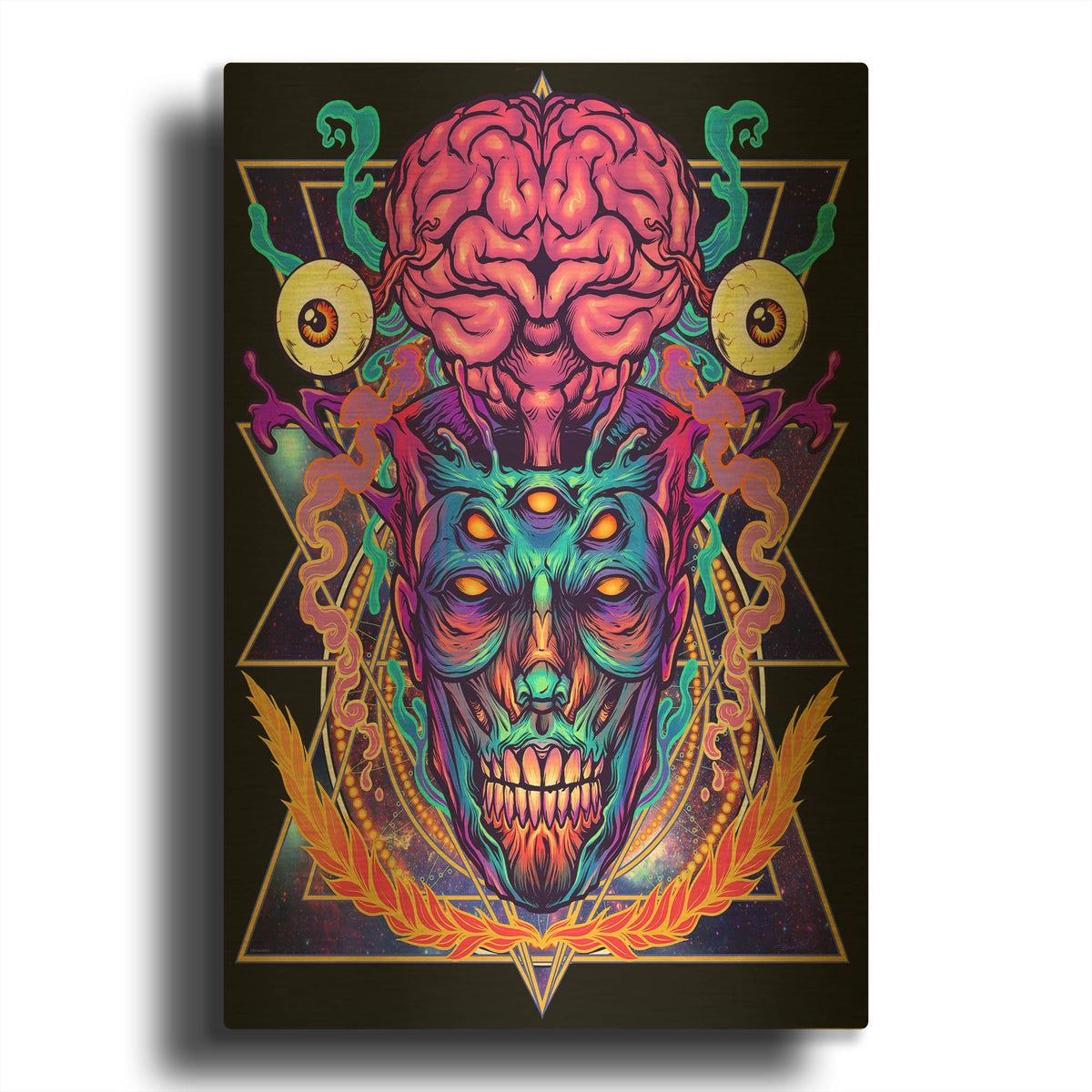 'Psychedelic Brain Face' By Flyland Designs Gold Metal Wall Art