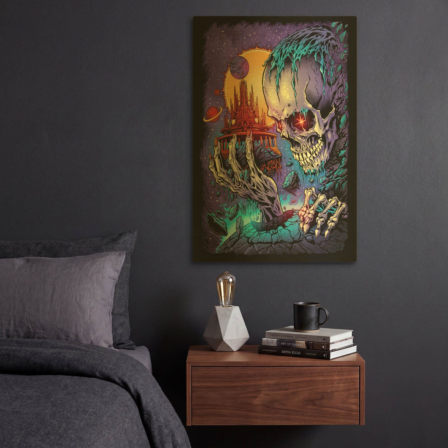 'Space Skull Holding Temple' By Flyland Designs Gold Metal Wall Art