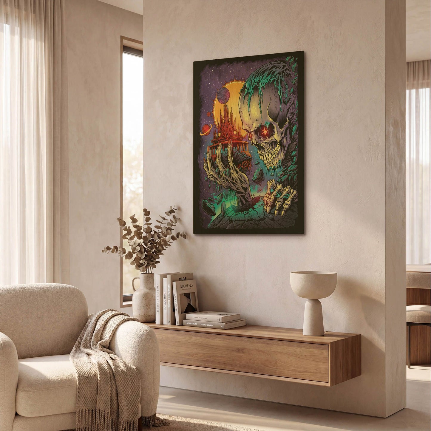 'Space Skull Holding Temple' By Flyland Designs Gold Metal Wall Art