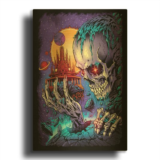 'Space Skull Holding Temple' By Flyland Designs Gold Metal Wall Art