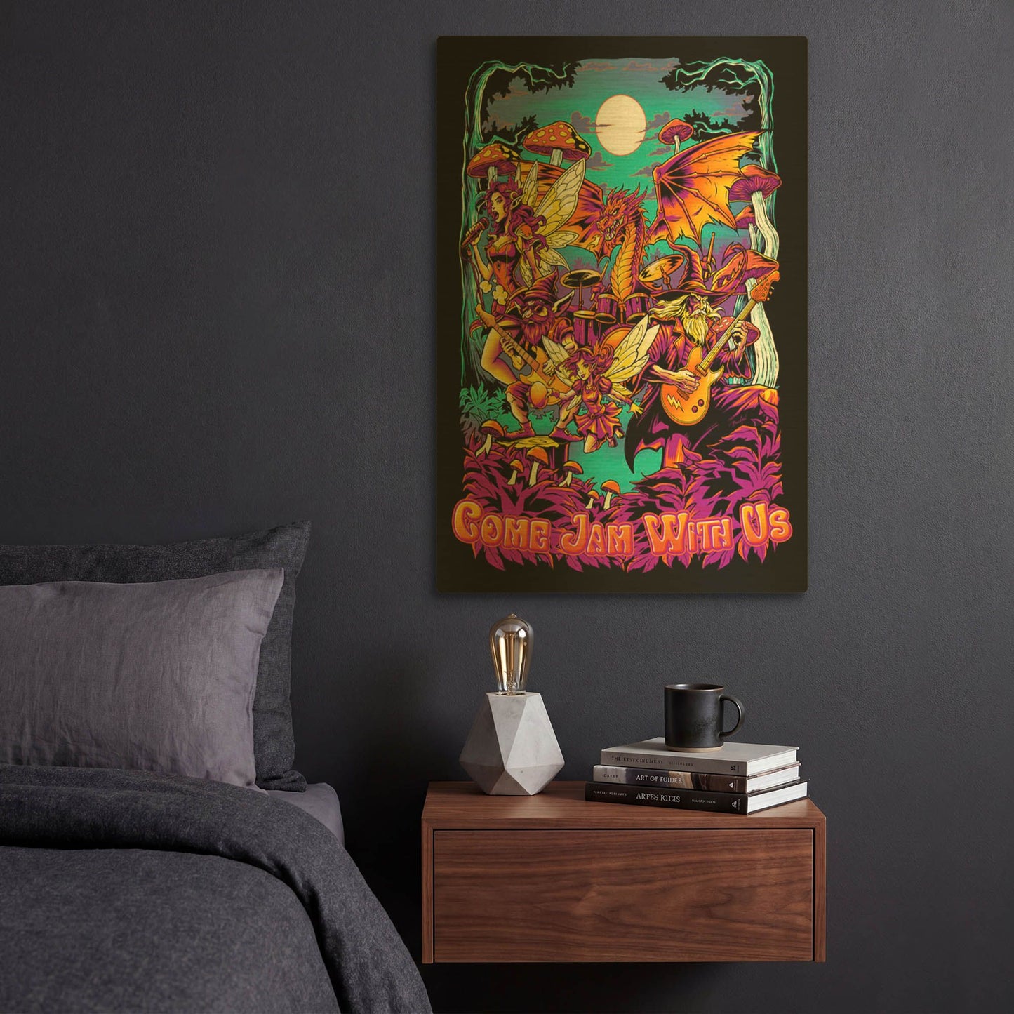 'Wizard, Fairy, And Dragon Band In The Woods' By Flyland Designs Gold Metal Wall Art