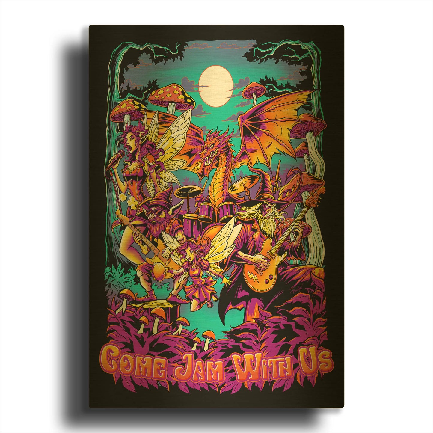 'Wizard, Fairy, And Dragon Band In The Woods' By Flyland Designs Gold Metal Wall Art