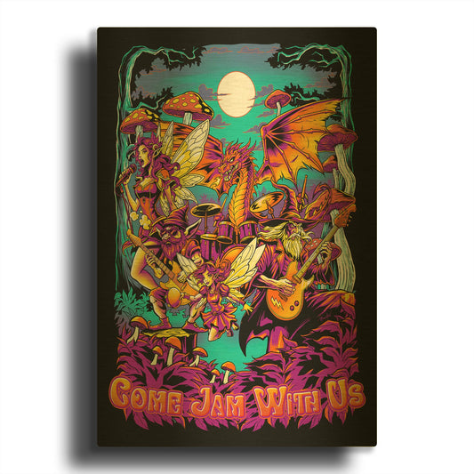'Wizard, Fairy, And Dragon Band In The Woods' By Flyland Designs Gold Metal Wall Art