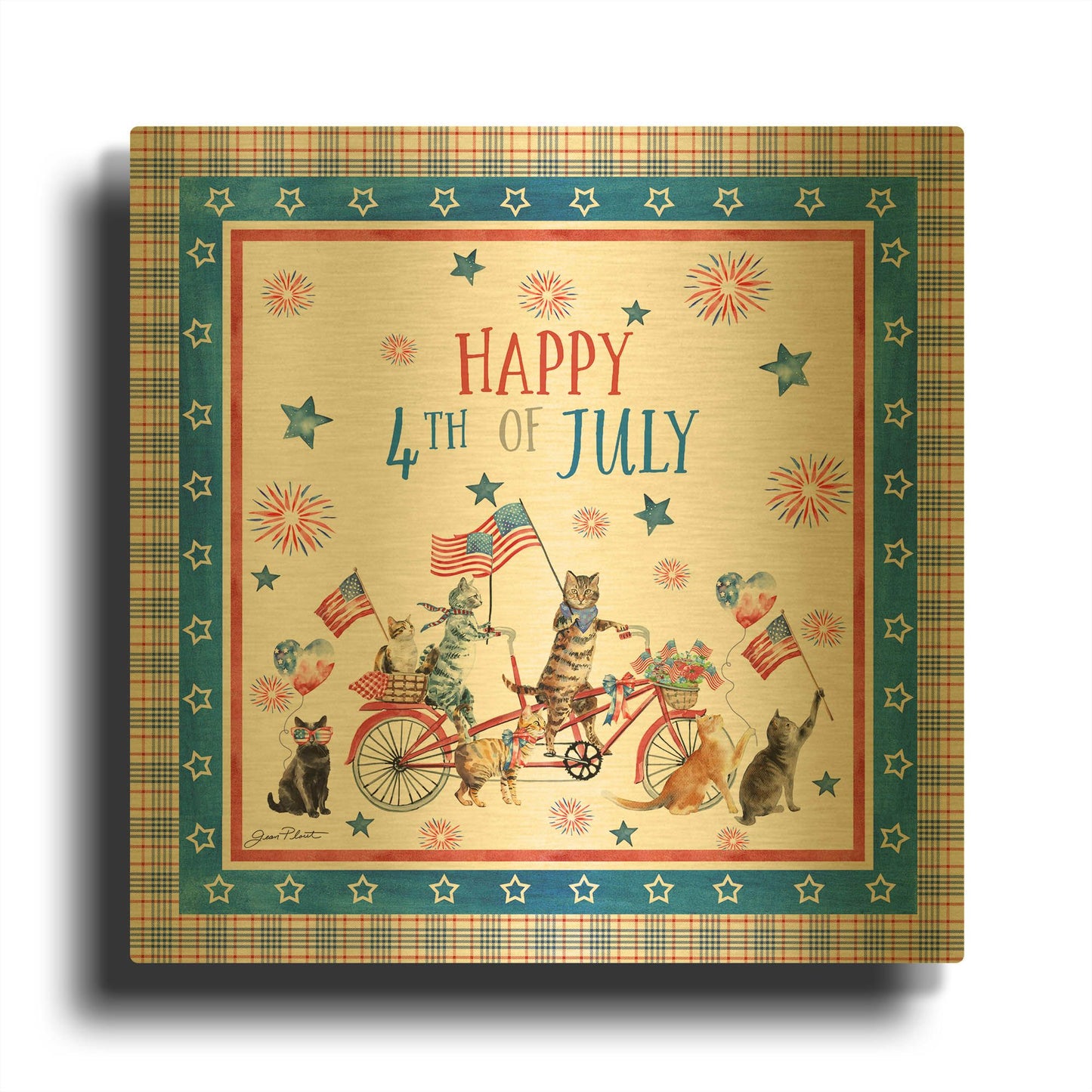 '4th Of July Cats On Bike' By Jean Plout Gold Metal Wall Art