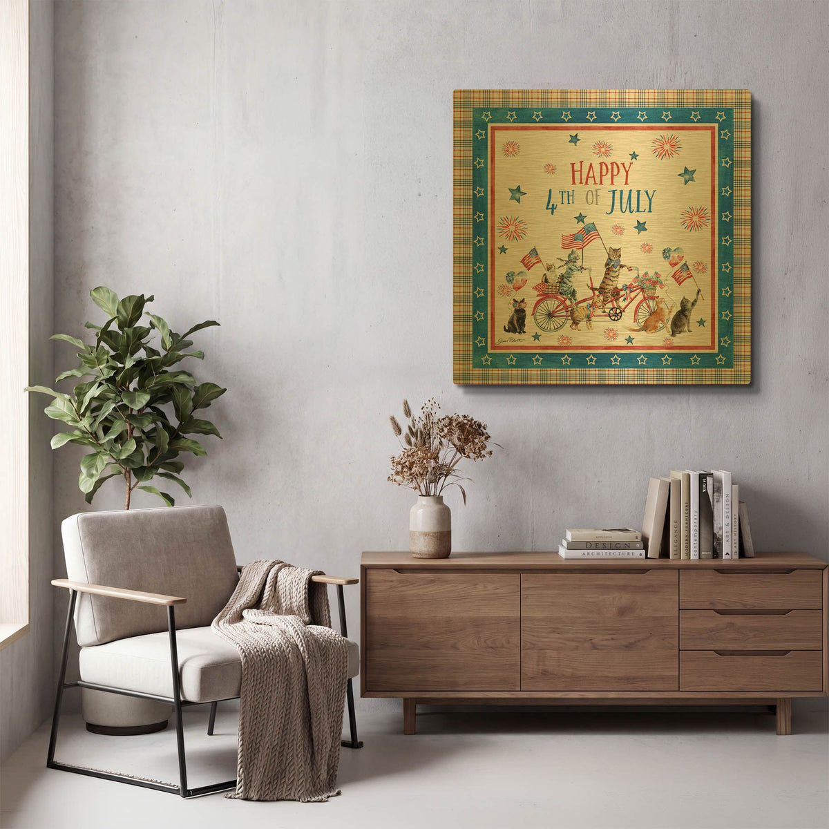 '4th Of July Cats On Bike' By Jean Plout Gold Metal Wall Art