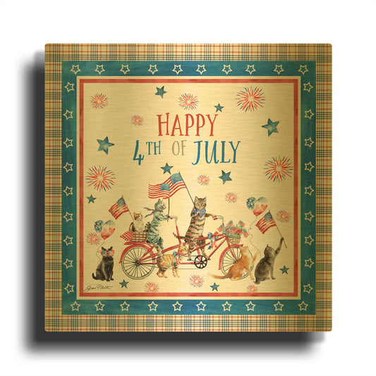 '4th Of July Cats On Bike' By Jean Plout Gold Metal Wall Art