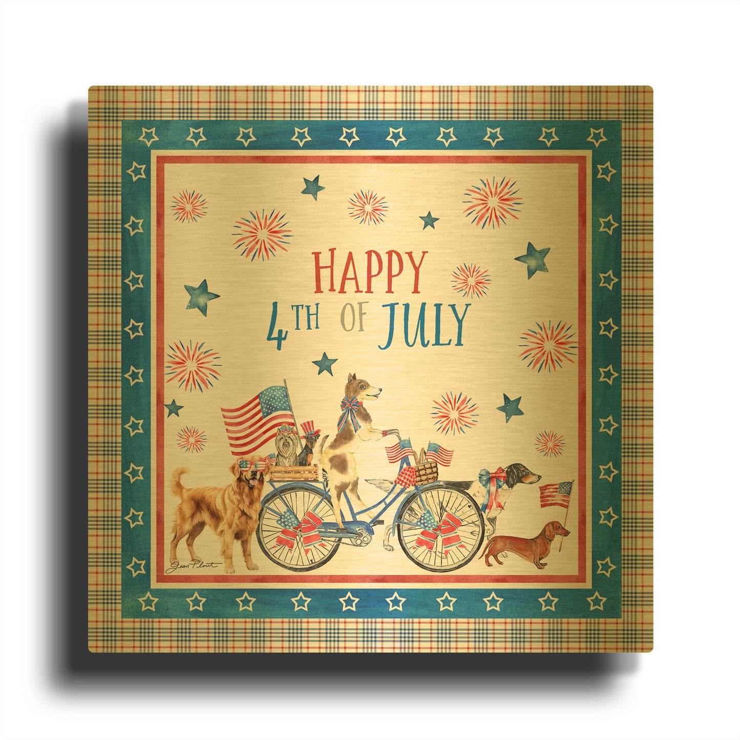 '4th of July Dogs on Bike' By Jean Plout Gold Metal Wall Art