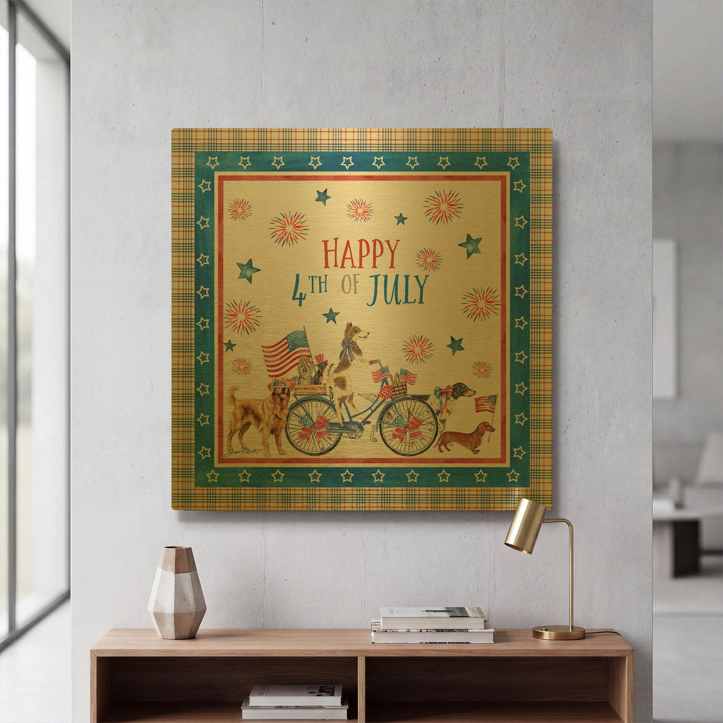 '4th of July Dogs on Bike' By Jean Plout Gold Metal Wall Art