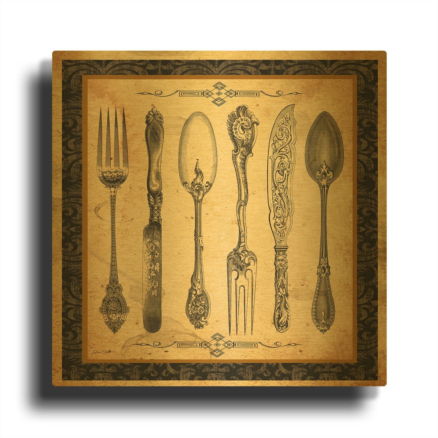 'Adriana Silverware Vignette Vintage' By Jean Plout Gold Metal Wall Art