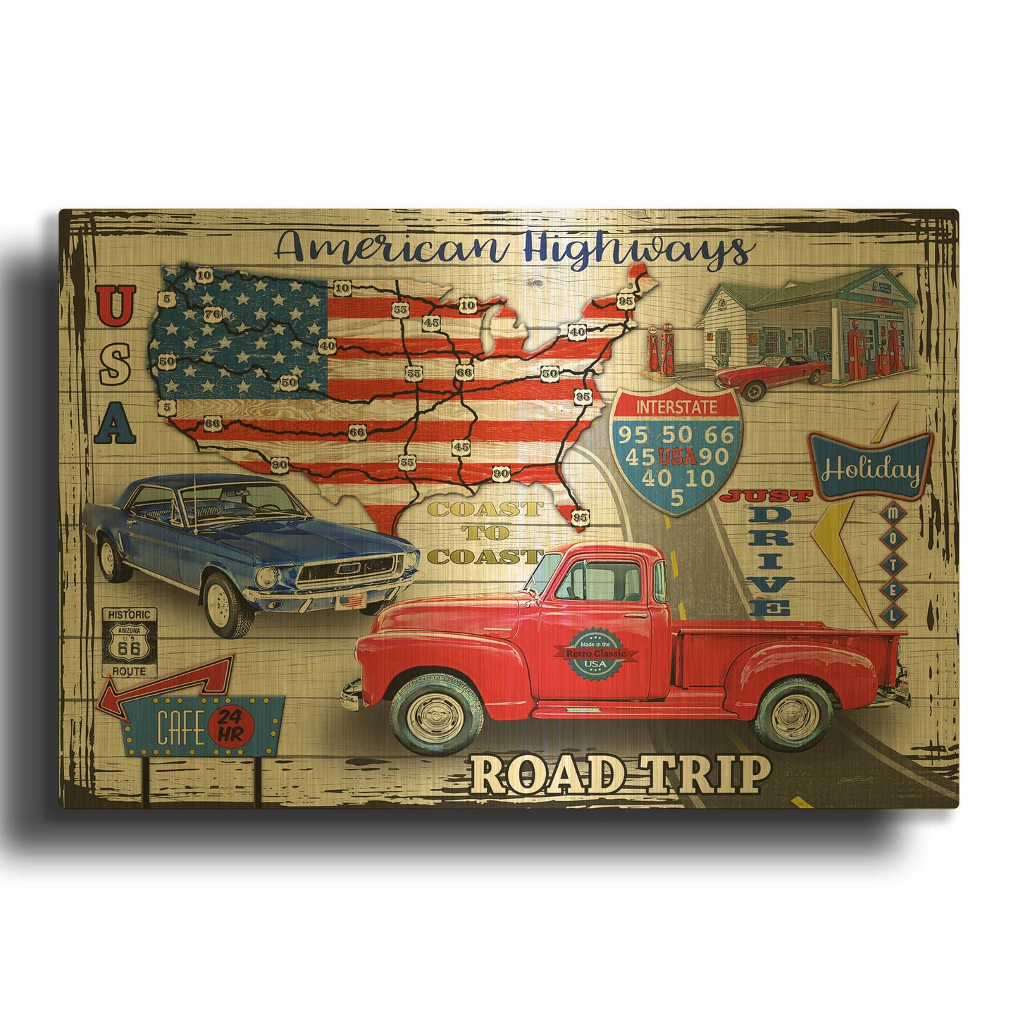 'American Highways-Coast to Coast' By Jean Plout Gold Metal Wall Art
