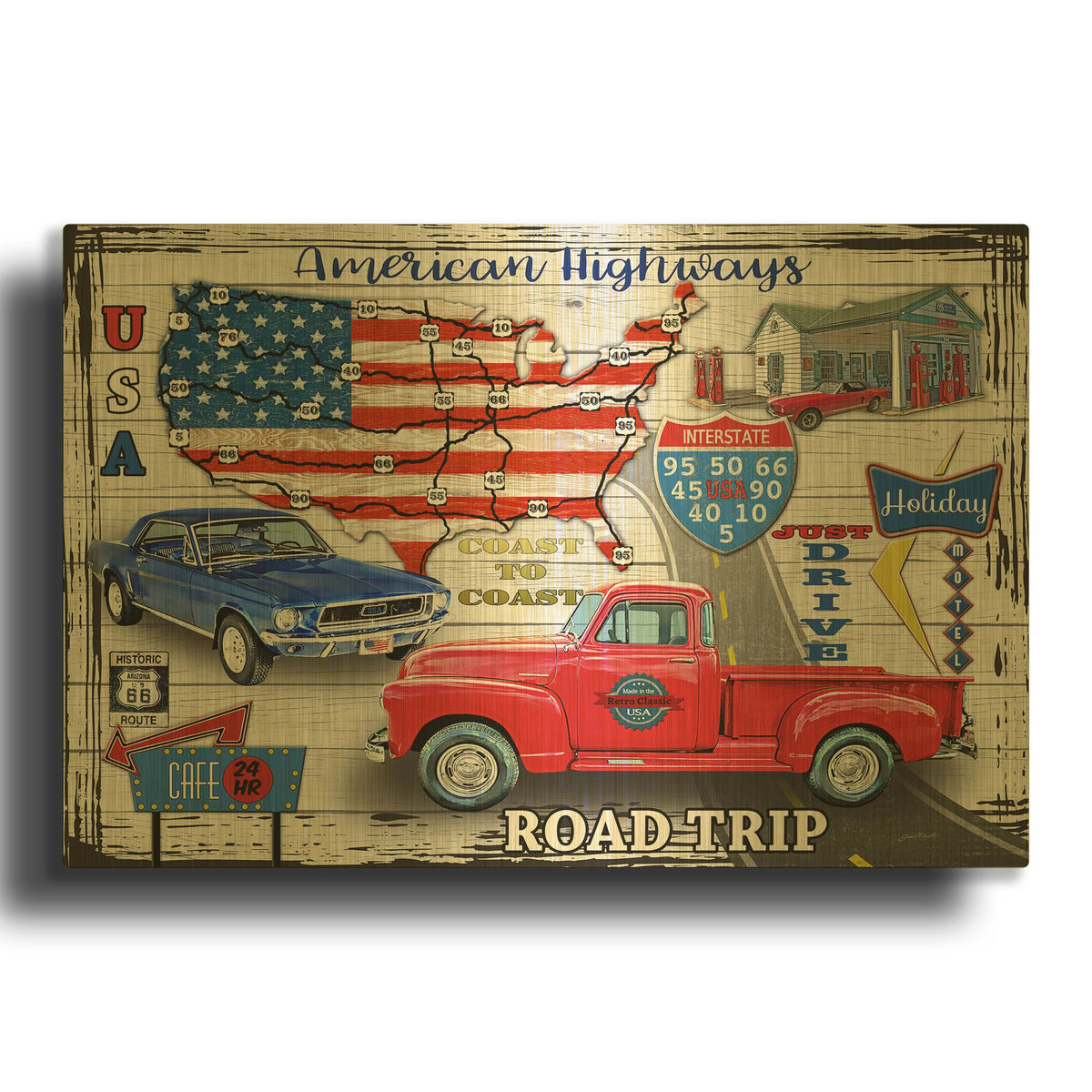 'American Highways-Coast to Coast' By Jean Plout Gold Metal Wall Art