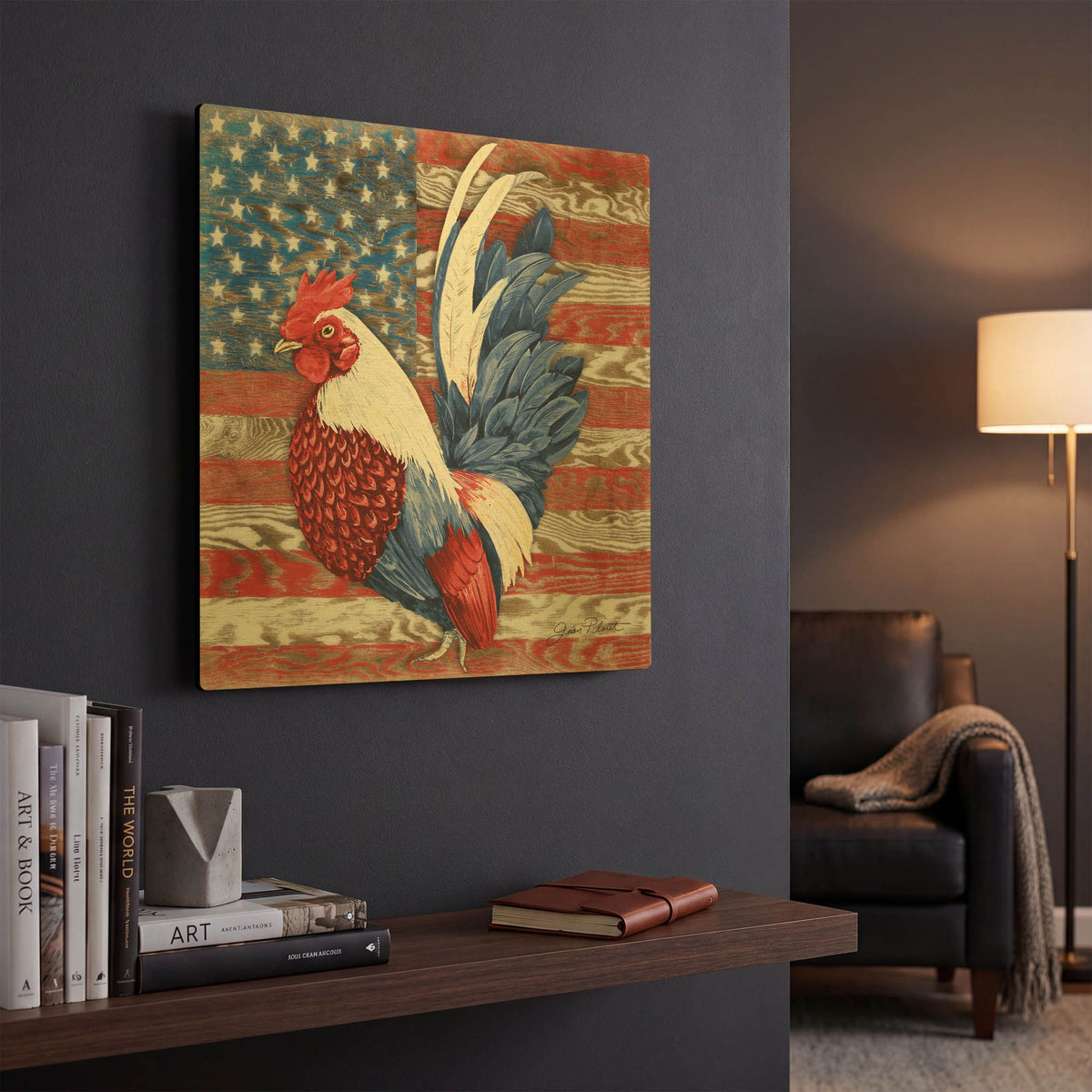 'American Rooster A' By Jean Plout Gold Metal Wall Art