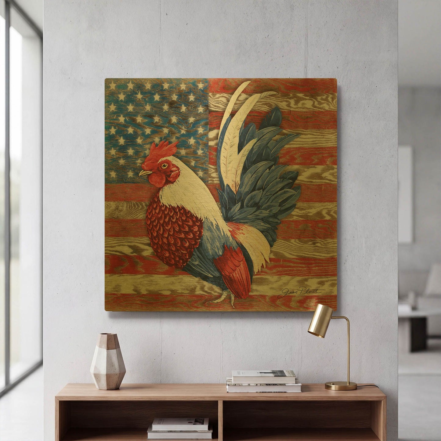 'American Rooster A' By Jean Plout Gold Metal Wall Art