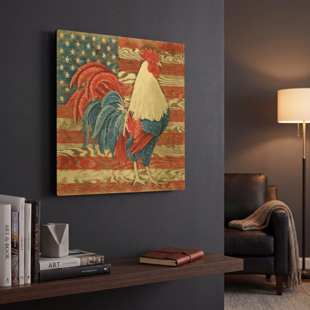 'American Rooster B' By Jean Plout Gold Metal Wall Art