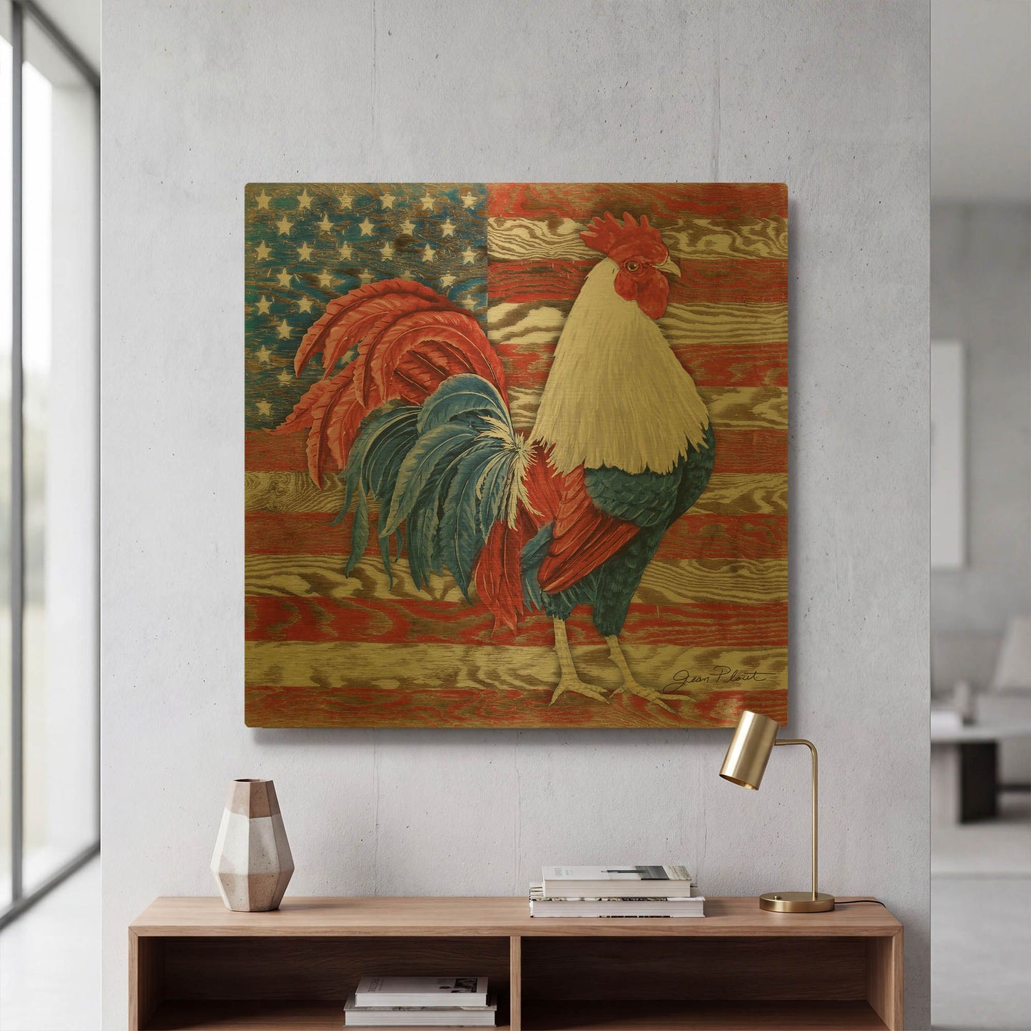 'American Rooster B' By Jean Plout Gold Metal Wall Art