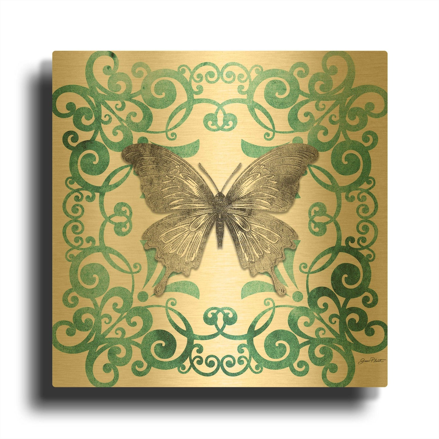 'Aqua Tile With Butterfly A' By Jean Plout Gold Metal Wall Art