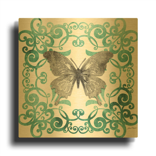 'Aqua Tile With Butterfly A' By Jean Plout Gold Metal Wall Art