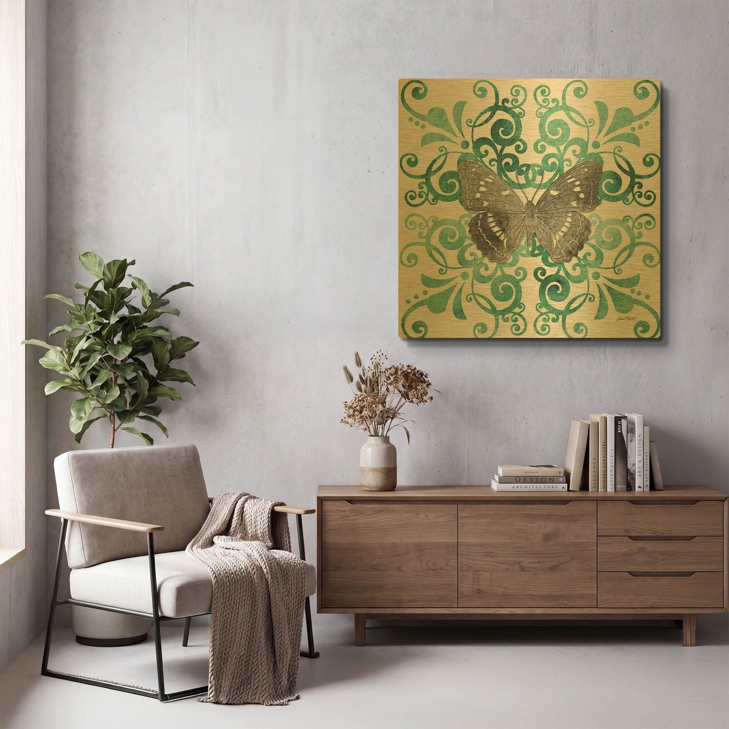 'Aqua Tile With Butterfly B' By Jean Plout Gold Metal Wall Art