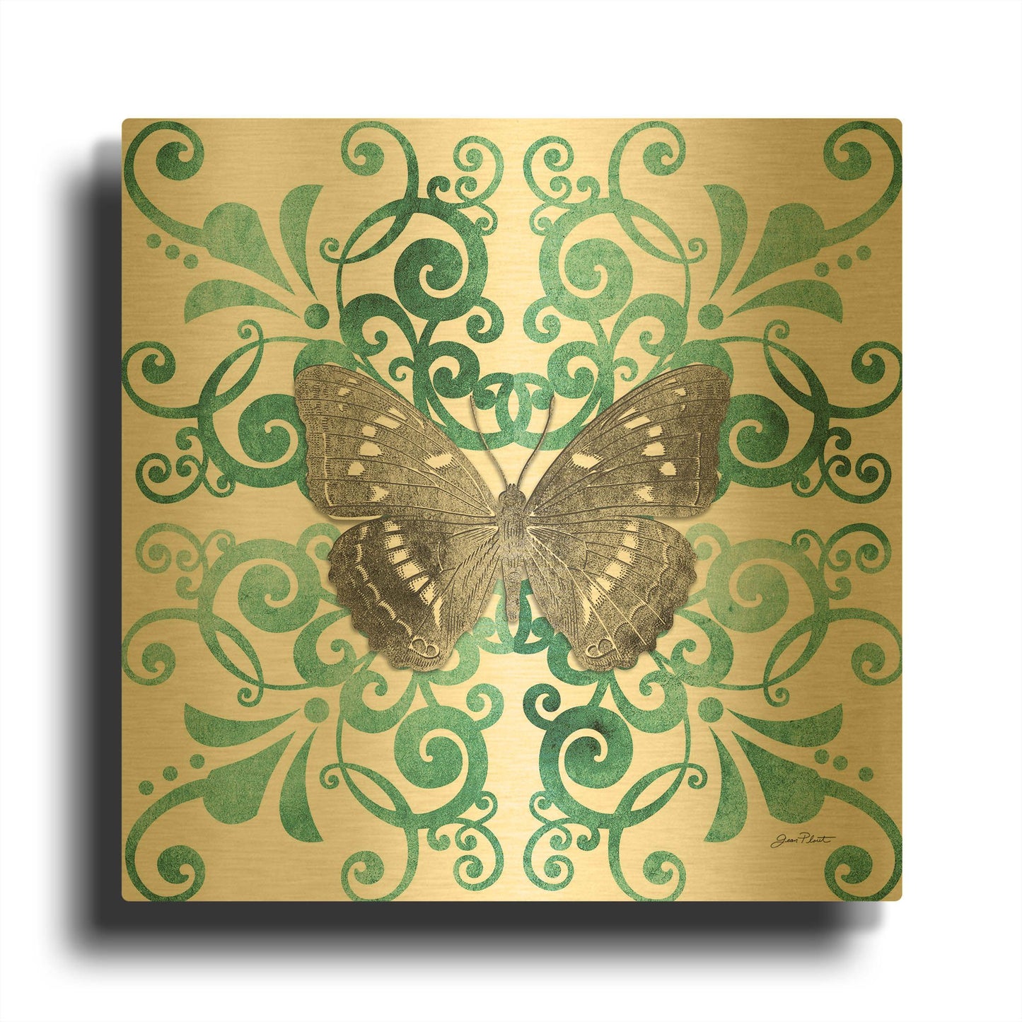 'Aqua Tile With Butterfly B' By Jean Plout Gold Metal Wall Art
