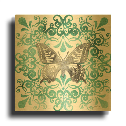 'Aqua Tile With Butterfly C' By Jean Plout Gold Metal Wall Art