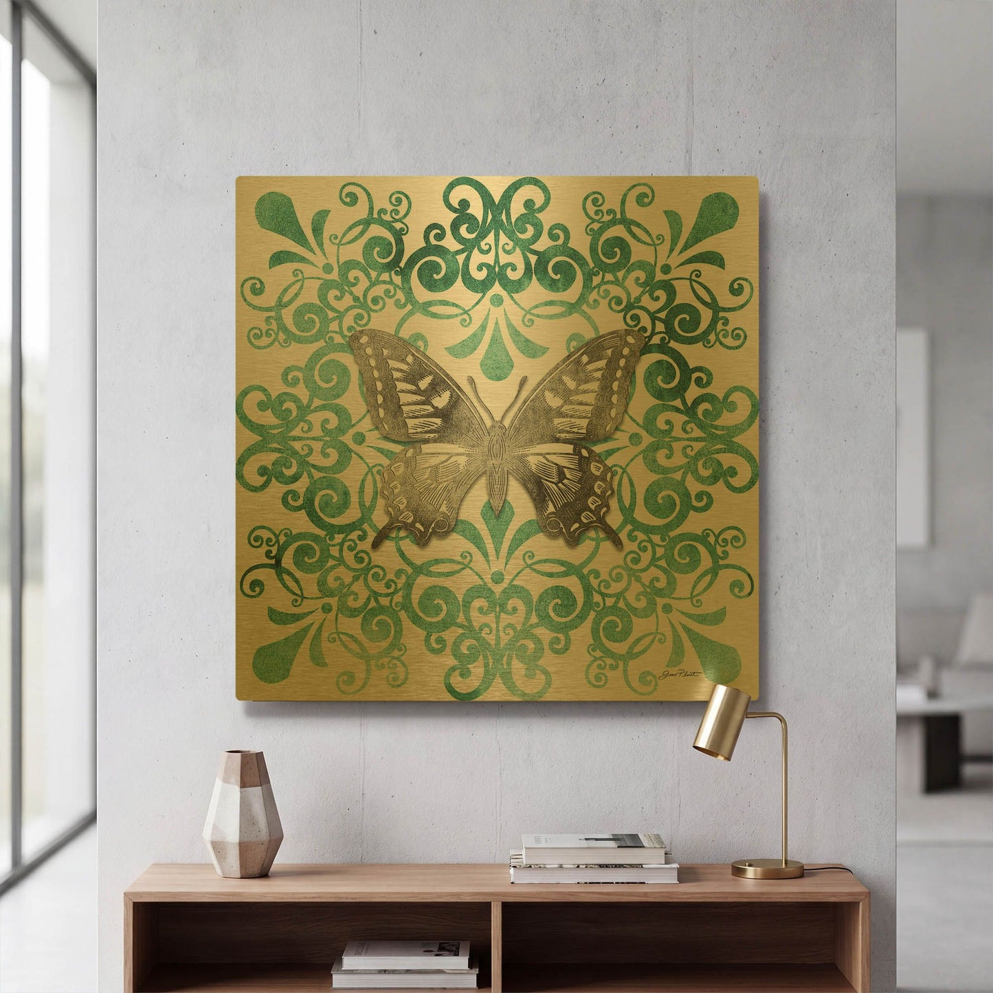 'Aqua Tile With Butterfly C' By Jean Plout Gold Metal Wall Art