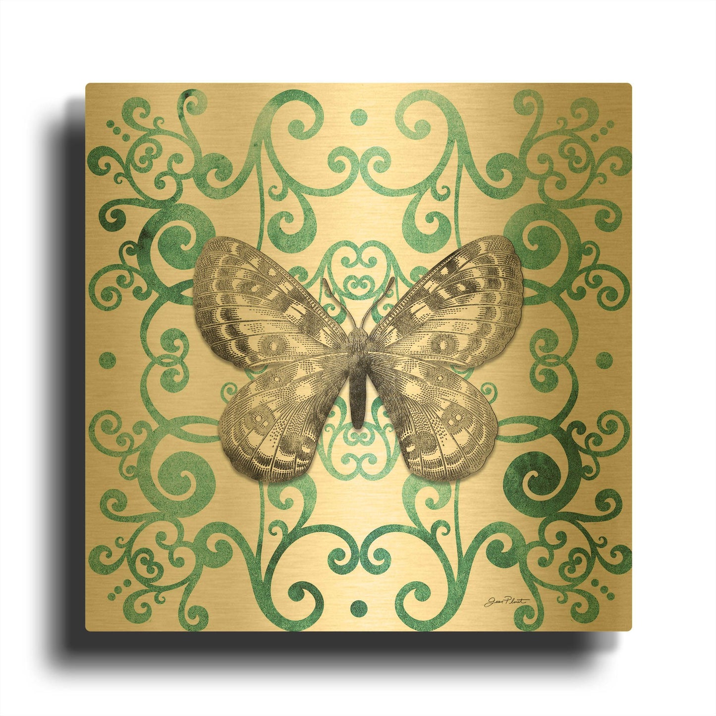 'Aqua Tile With Butterfly D' By Jean Plout Gold Metal Wall Art
