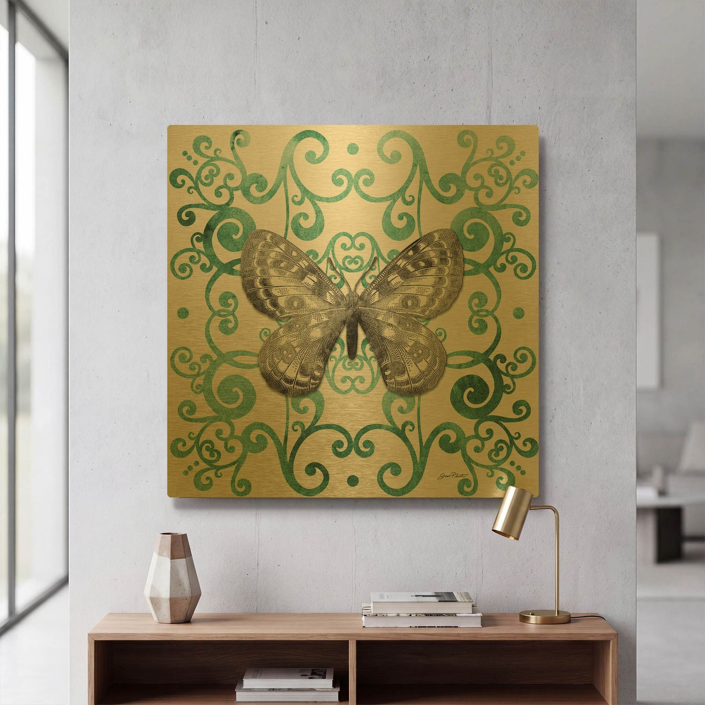 'Aqua Tile With Butterfly D' By Jean Plout Gold Metal Wall Art
