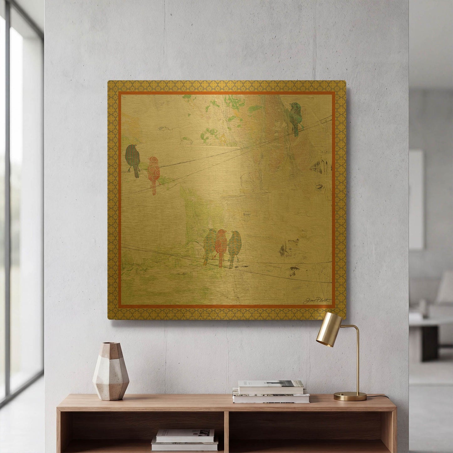 'Beautiful Birds On Wires-Border' By Jean Plout Gold Metal Wall Art