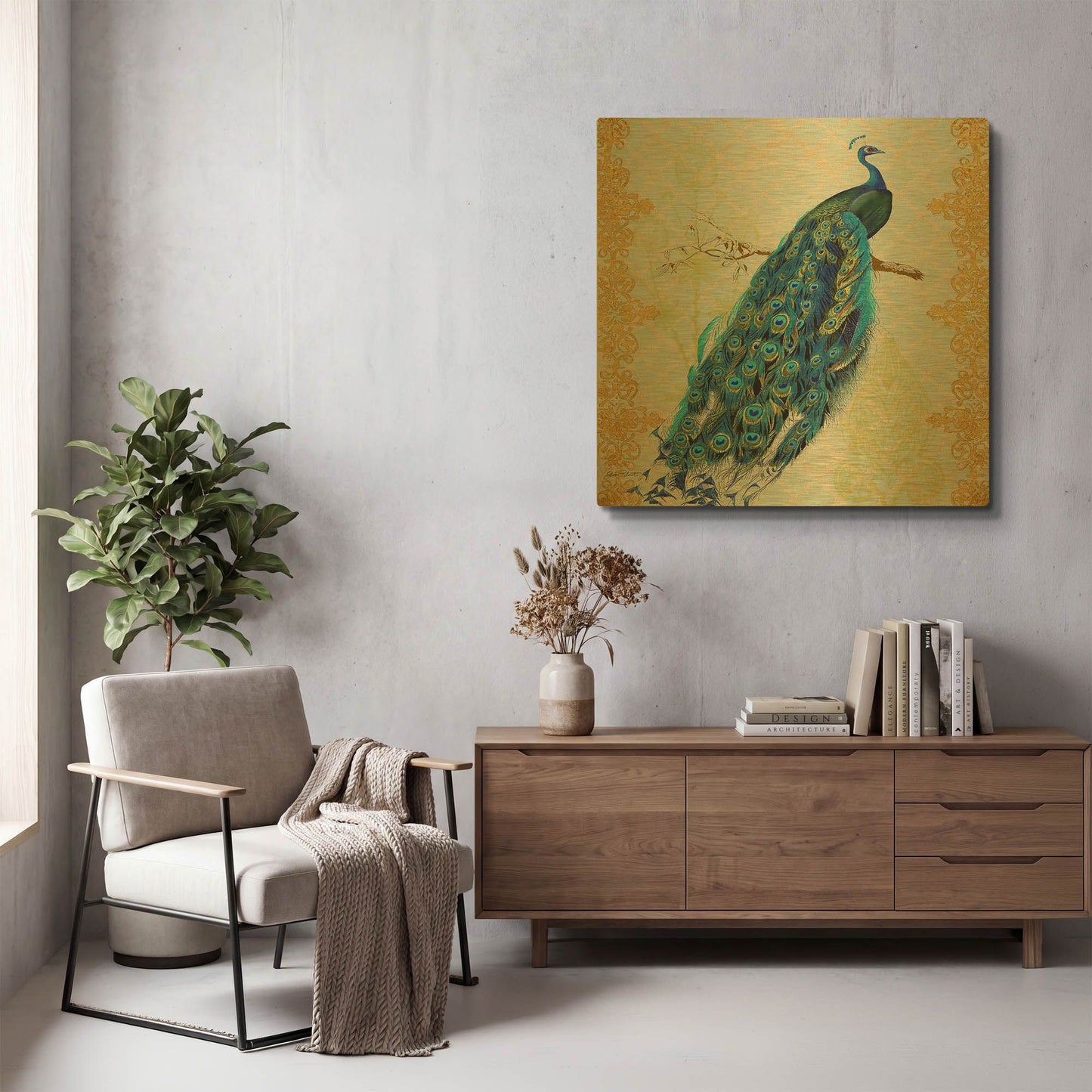 'Beautiful Peacock A' By Jean Plout Gold Metal Wall Art