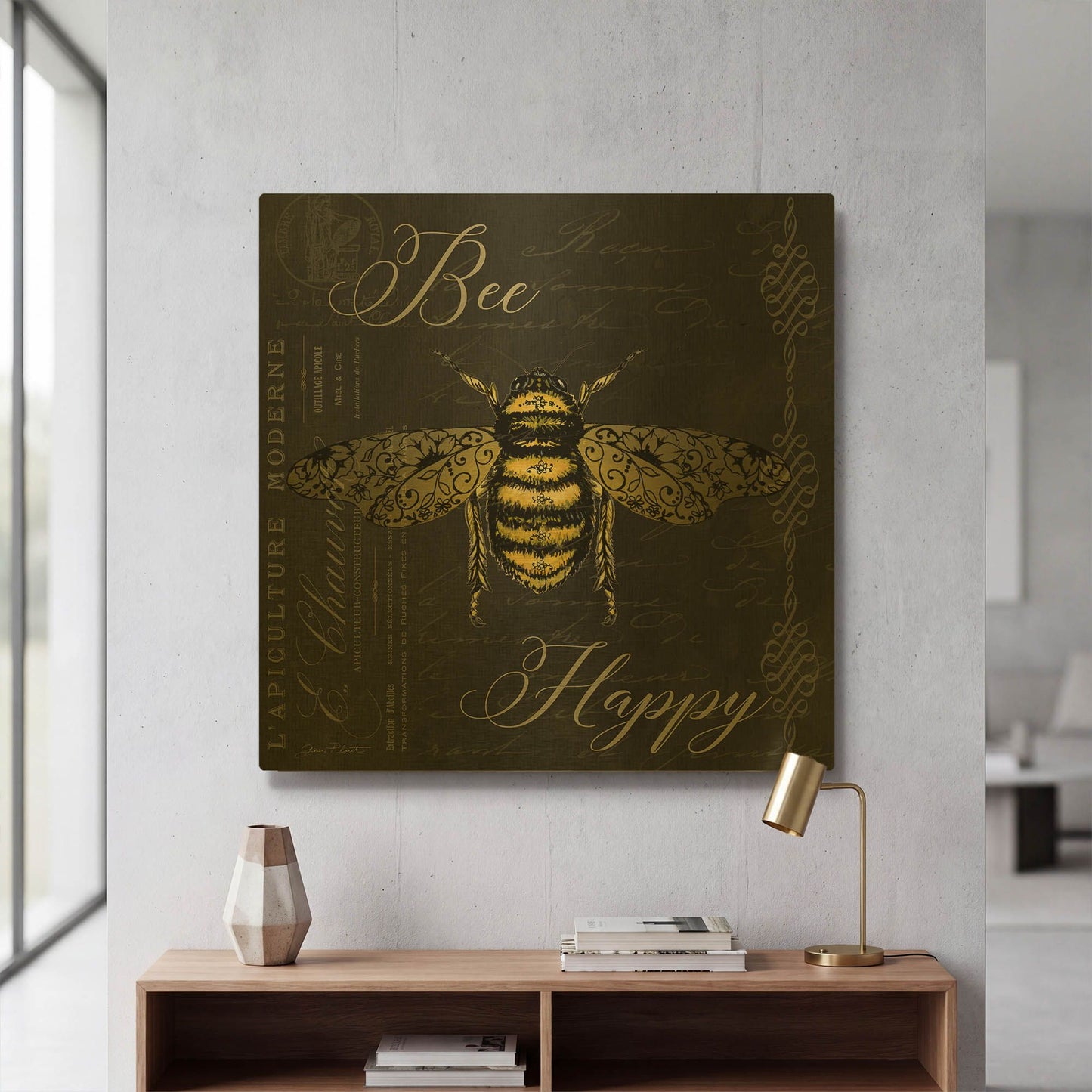 'Bee Happy A' By Jean Plout Gold Metal Wall Art