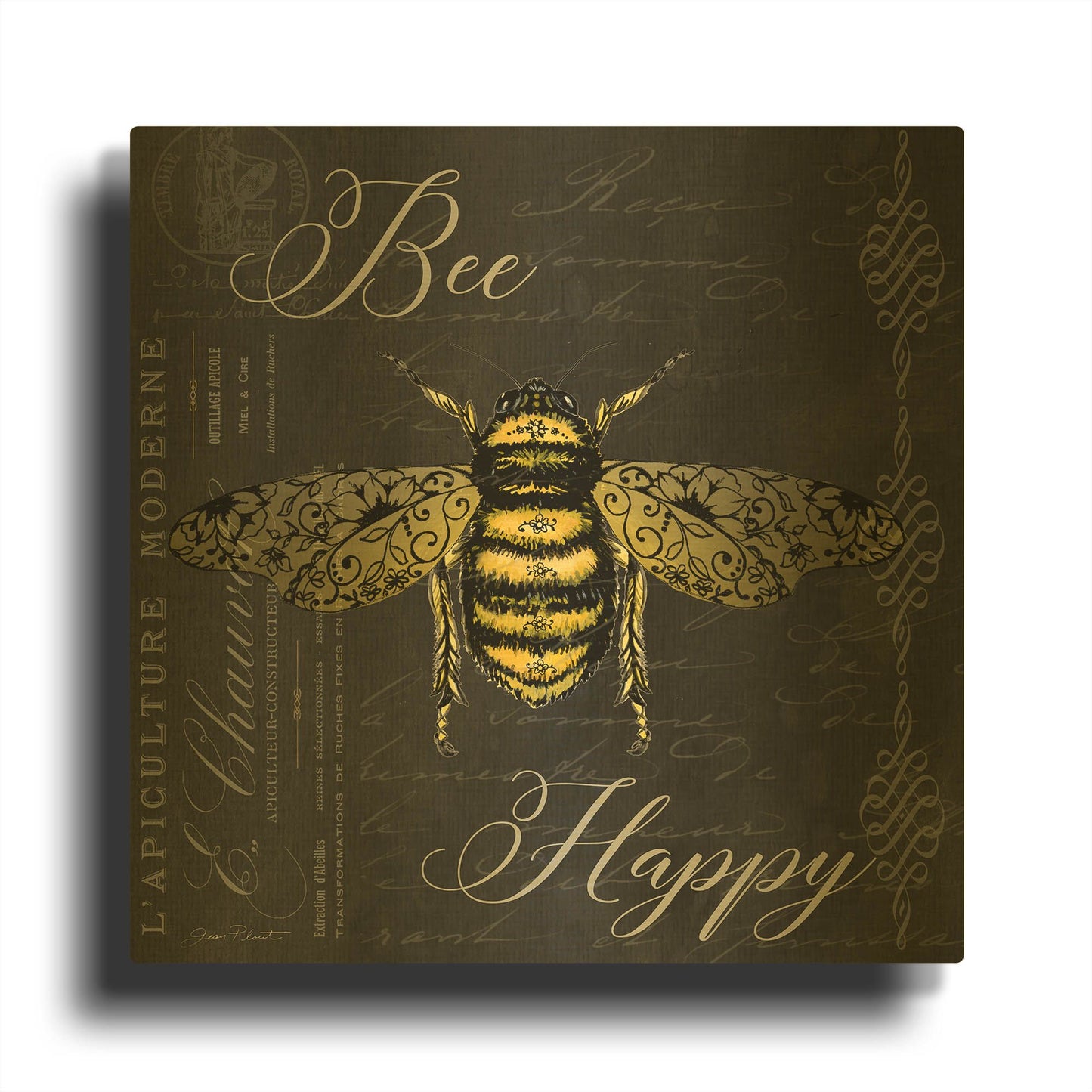 'Bee Happy A' By Jean Plout Gold Metal Wall Art