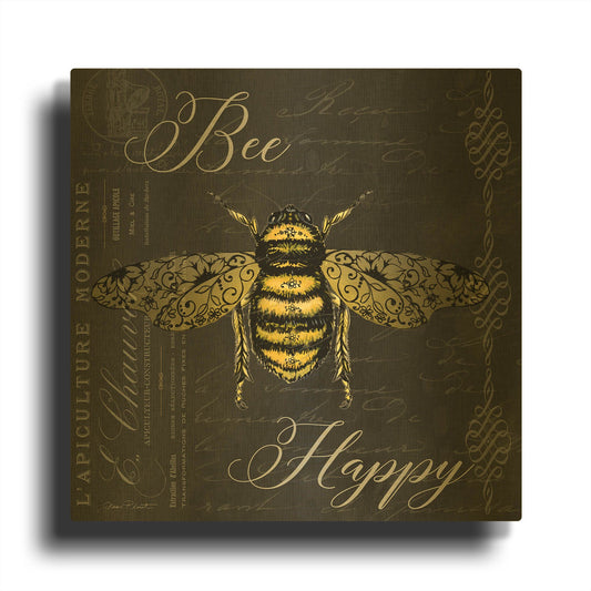 'Bee Happy A' By Jean Plout Gold Metal Wall Art