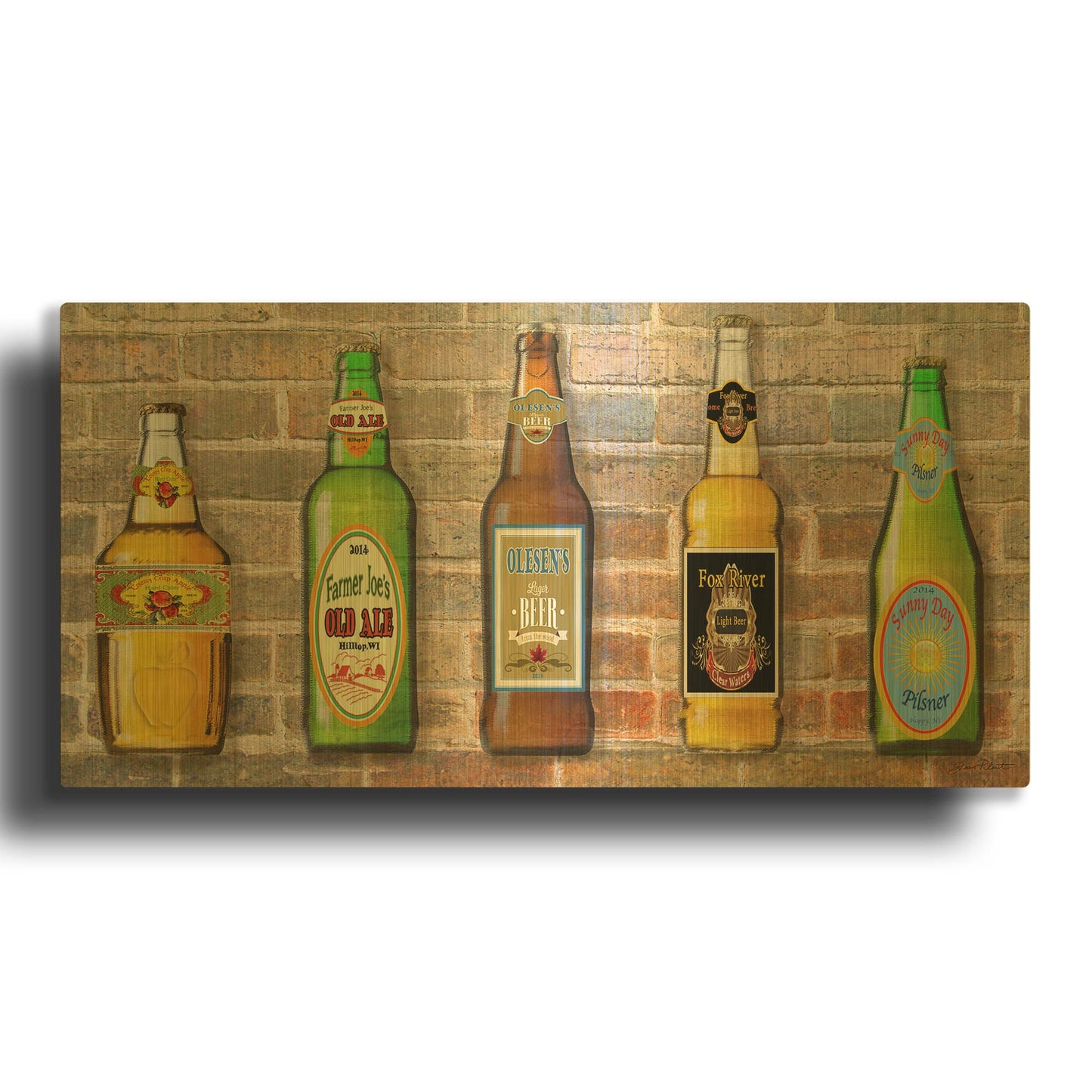 'Beer Bottle On Brick 5' By Jean Plout Gold Metal Wall Art