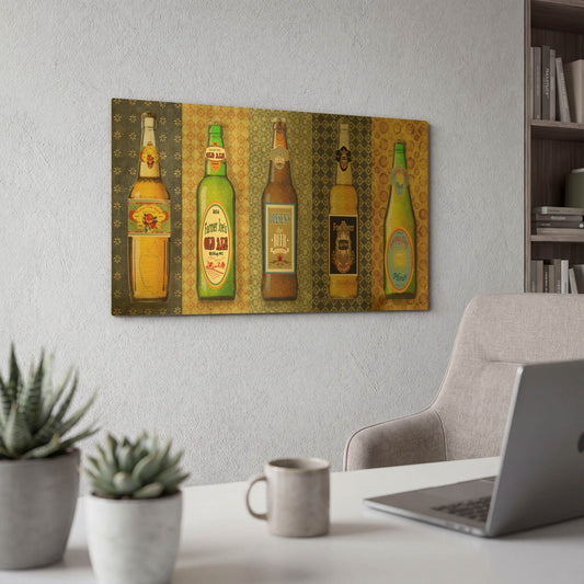 'Beer Bottle On Patterns 5' By Jean Plout Gold Metal Wall Art