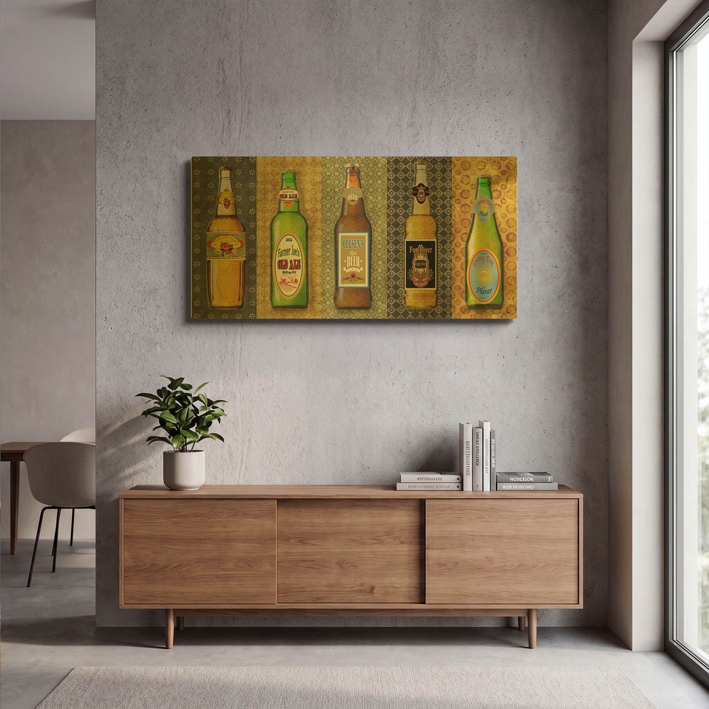 'Beer Bottle On Patterns 5' By Jean Plout Gold Metal Wall Art