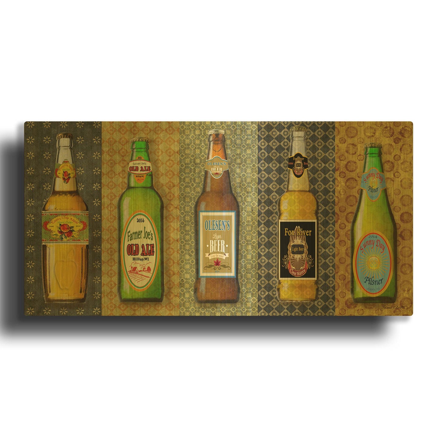'Beer Bottle On Patterns 5' By Jean Plout Gold Metal Wall Art
