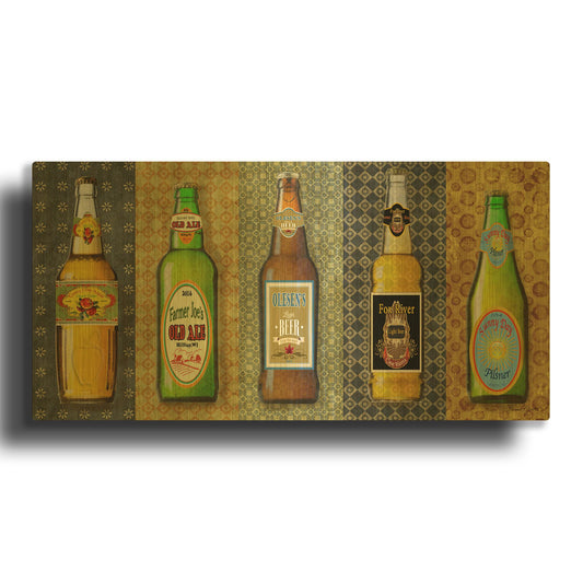 'Beer Bottle On Patterns 5' By Jean Plout Gold Metal Wall Art