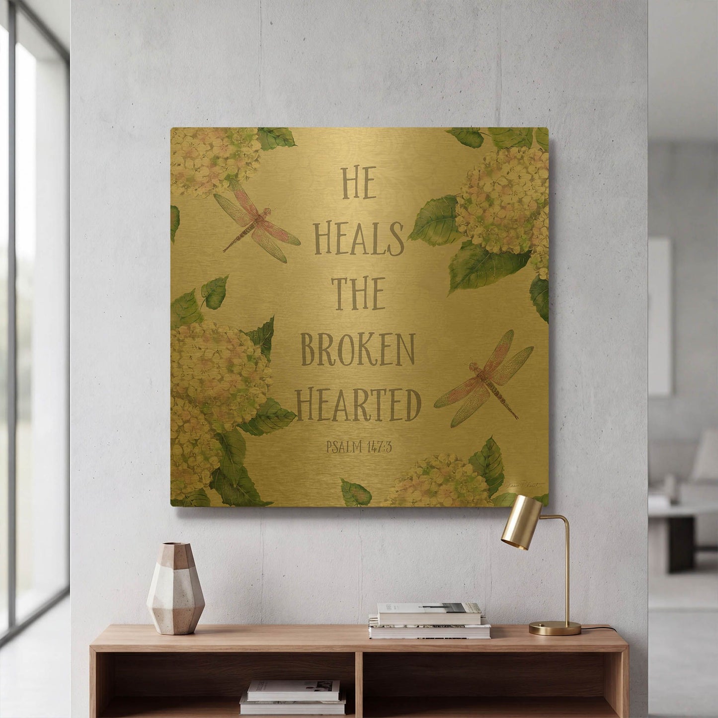 'Bible Verse With Hydrangeas B' By Jean Plout Gold Metal Wall Art