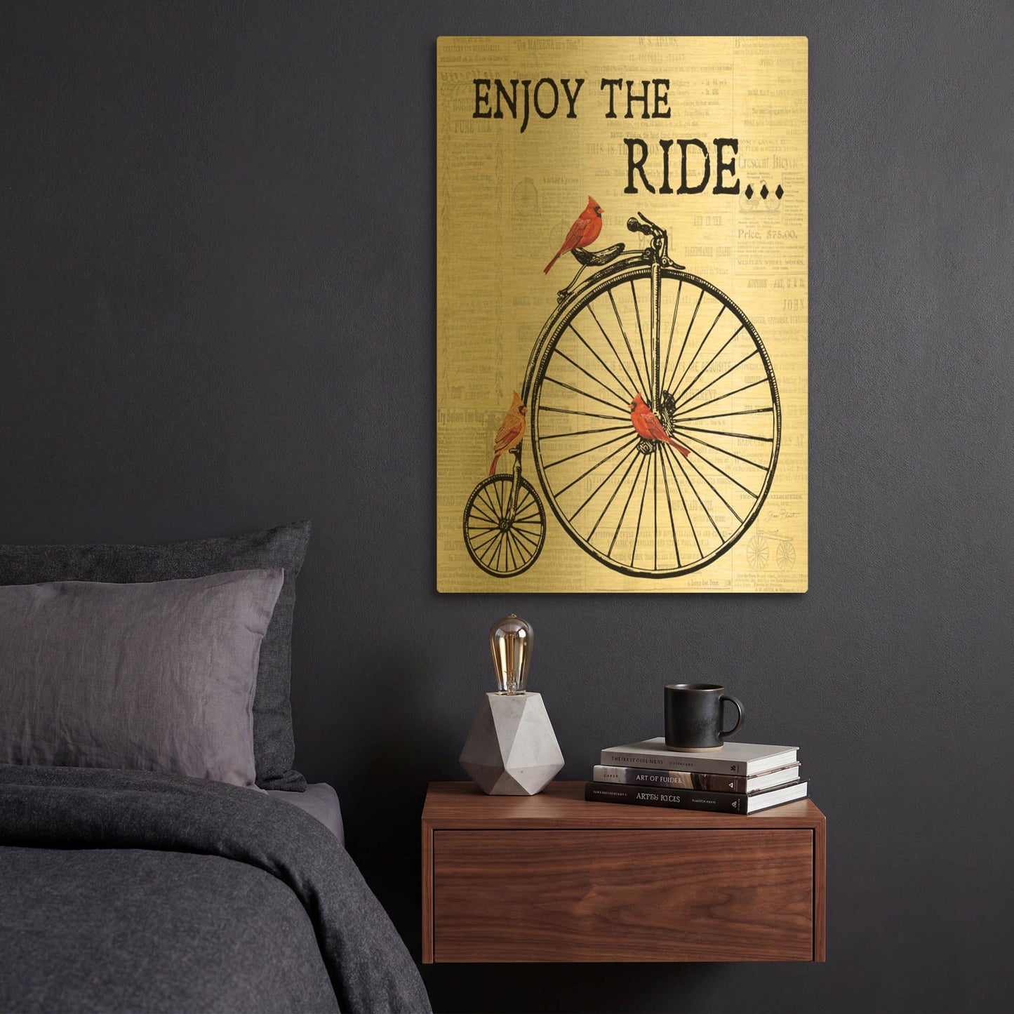 'Bicycle With Cardinals A' By Jean Plout Gold Metal Wall Art