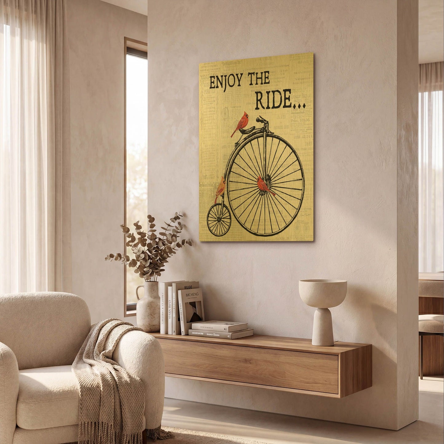 'Bicycle With Cardinals A' By Jean Plout Gold Metal Wall Art