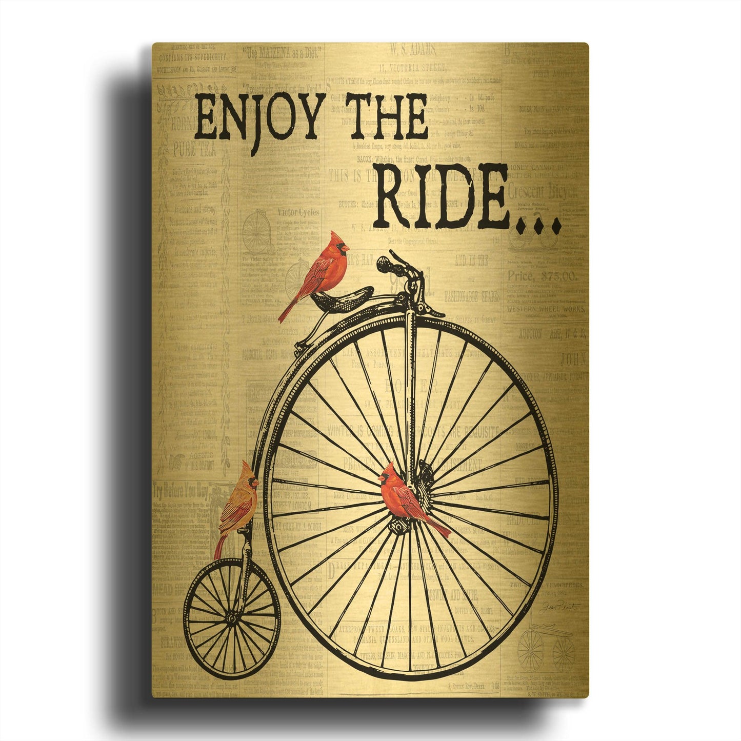'Bicycle With Cardinals A' By Jean Plout Gold Metal Wall Art