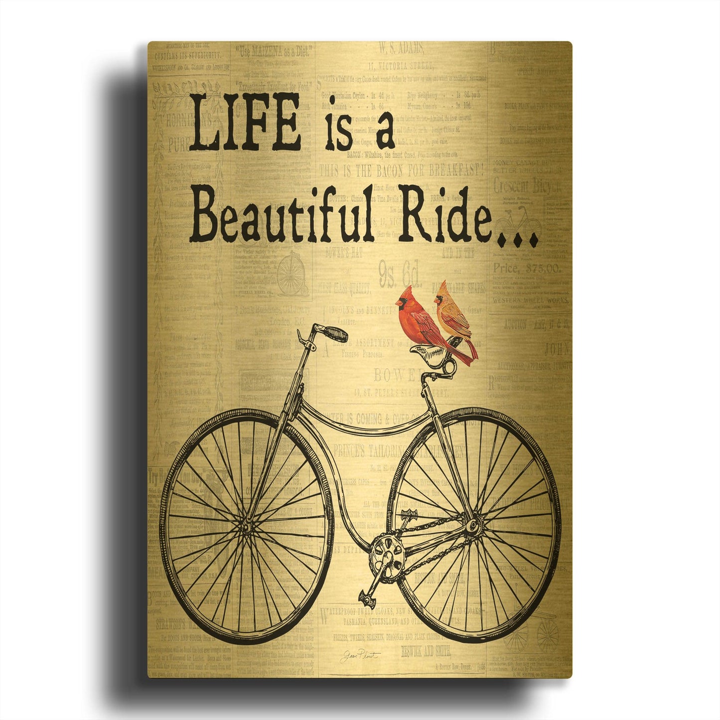 'Bicycle With Cardinals B' By Jean Plout Gold Metal Wall Art