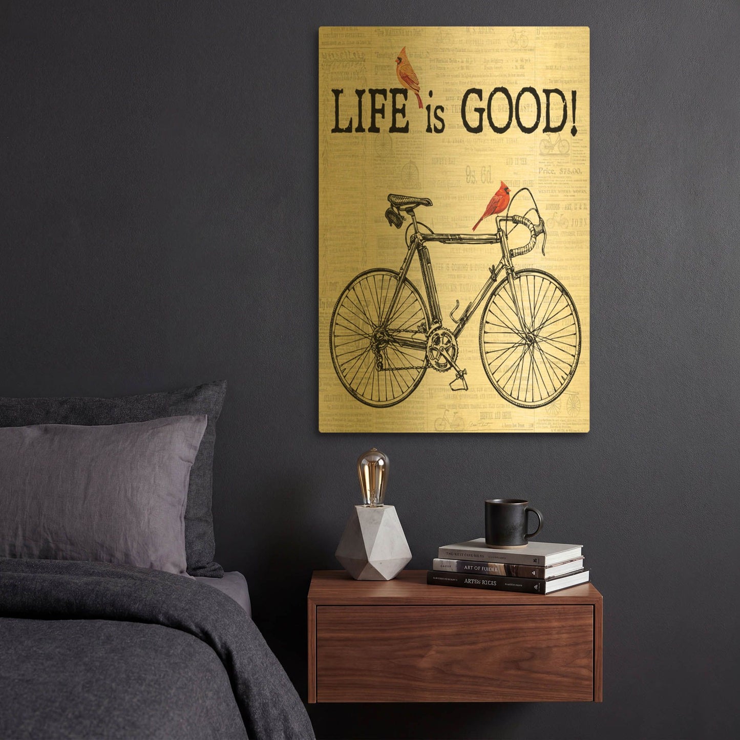 'Bicycle With Cardinals C' By Jean Plout Gold Metal Wall Art